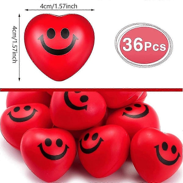 36 st Alla hjärtans dag hjärtformade stressbollar med hjärtan och smiley-ansikte för fest (C)