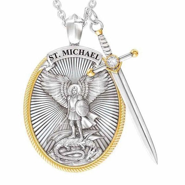 Stainless Steel Viking Necklace Archangel Saint Michael Shield Cross Protect Angel Wing Jewelry