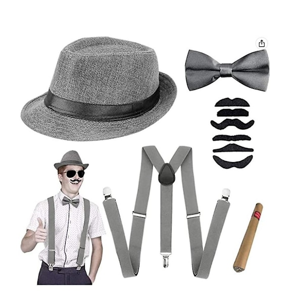 Grå 1920'er Mænds Fastelavnskostume Tilbehør Gangster Flapper Sæt Great Gatsby Kostume Kit 20'ere med Trilby Hat Overskæg Elastiske Seler Mænds Lommeur