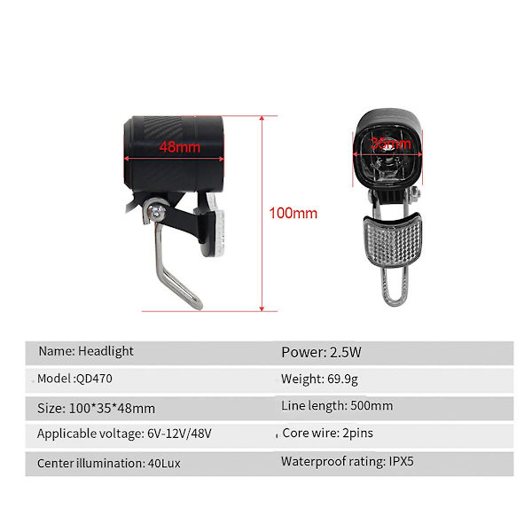 QD470 E-sykkel LED-forlykt 6V 12V 24V 36V 48V 60V Sykkellys Vanntett Forlykt Vannpr
