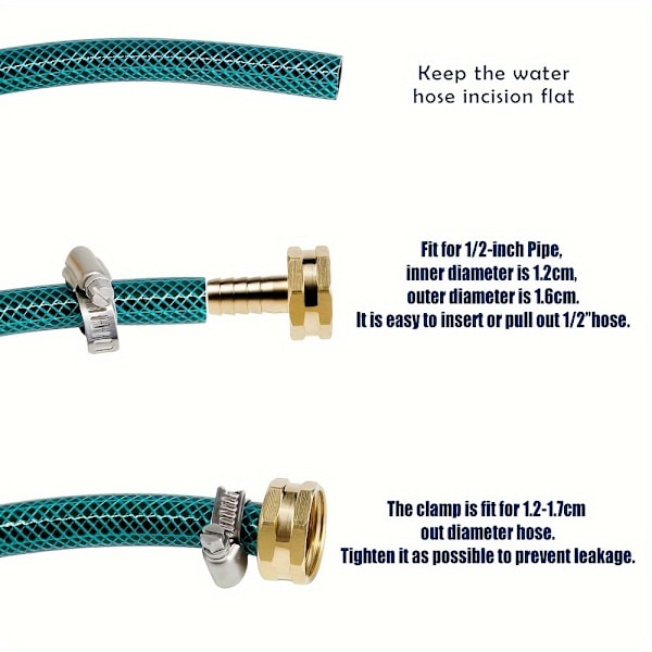 3-pak Premium Messing Havevandsslange Reparationsfittings med Heavy-Duty Rustfrit Stål Klemmer - Holdbar 1/2\" Hun-Gevind 1.18in/3cm og 3/4\" Han-Gevind