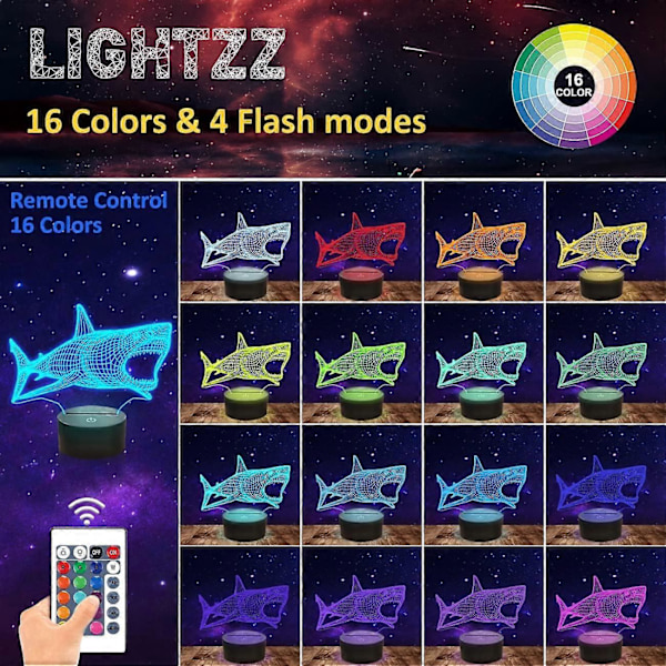 Shark 3D Illusion Nattlampa Havs Djur Skrivbordslampa, 16 Färger Fjärrkontroll LED Nattlampa för Barn Pojkar Semestergåvor Svart bas + 16 färger fjärrkontroll