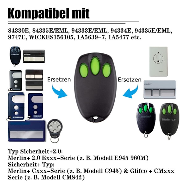 Udskiftningsfjernbetjening til Garagedør til Chamberlain Liftmaster Motorlift 94335e | 84335e | Ml700 | Ml500 | Ml850 | Merlin + C945 | C840 Security + 1Pcs