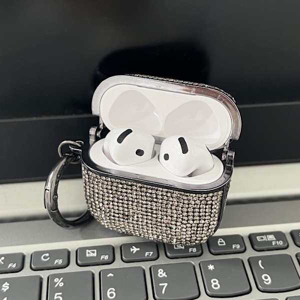 för AirPods4 Diamantfodral Strass Bling Glitter Kristall Glänsande Sött för AirPods4 Skal för Flickor Kvinnor Lyxigt Läder (Svart) (C)
