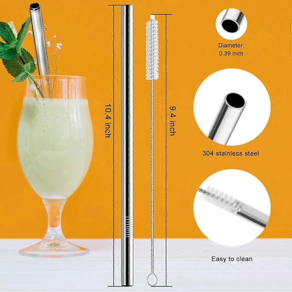 Rustfri Stålsugerør, 8 stk., Lange Sugerør til 3 Liter Glas, Genanvendelige Metalsugerør og 2 Ekstra Rengøringsbørster - (C)