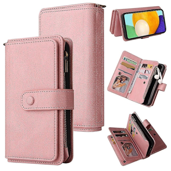 WXH Kompatibel med Samsung Galaxy A52 5G/A52S PU-läder Magnetiskt Stängning Femton Kortplatser Dragkedja Ficktelefonfodral Pink