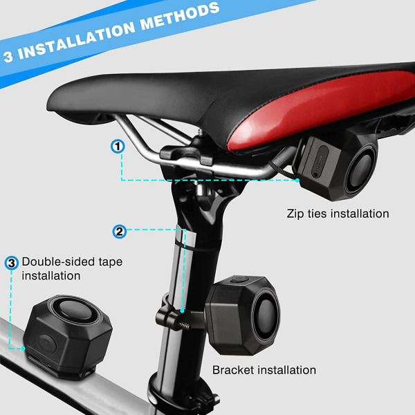 USB-laddningsbart cykelalarm med fjärrkontroll, 110 dB högt trådlöst stöldskydd med vibrations- och rörelsesensor Black