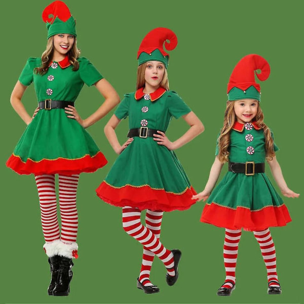 Jul Familj Matchande kläder Pojke Flicka Elf Xmas Kläder Set Vuxen Grön Röd Fest Toppar Byxor Hatt Bälte Outfit Cosplay Kostym[HK] ER43B0 Adult Size 160