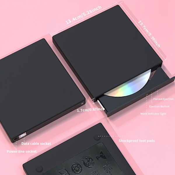 Kompakt USB 2.0 Ekstern CD/DVD-stasjon - Bærbar CD-RW & DVD-RW-brenner for bærbare og stasjonære datamaskiner