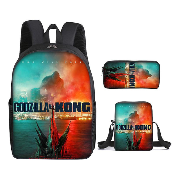 3-delt sett Godzilla Vs Kong Ryggsekk Trykt Skolesekk med Blyantpose Budpose Style 1