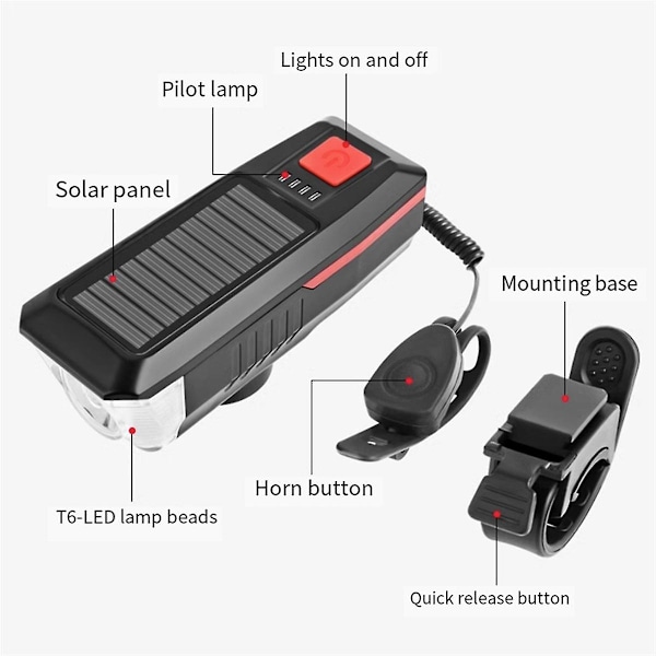 Cykellys USB Genopladeligt Forlygte med Horn LED Mountainbike Lys Klokke Advarselslys
