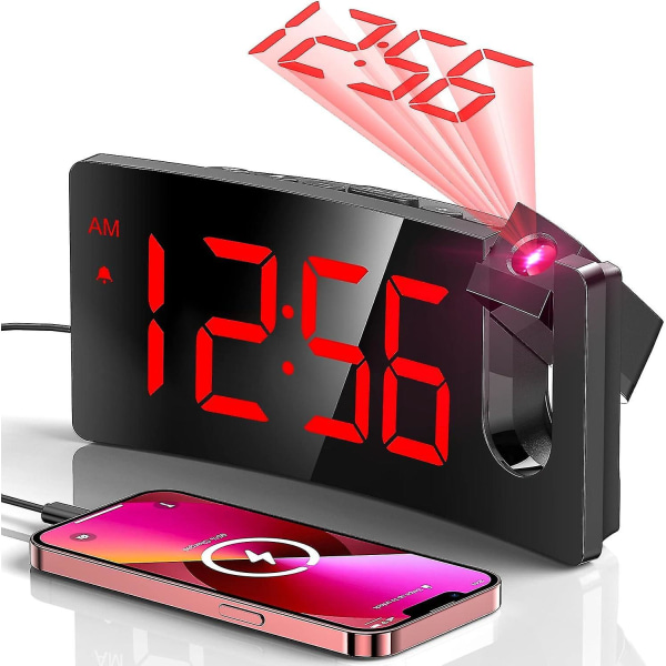 Projektionsväckarklocka, digital klocka med 180 roterbar projektor, 3-nivåers ljusstyrkedimmer[C] Red Digit