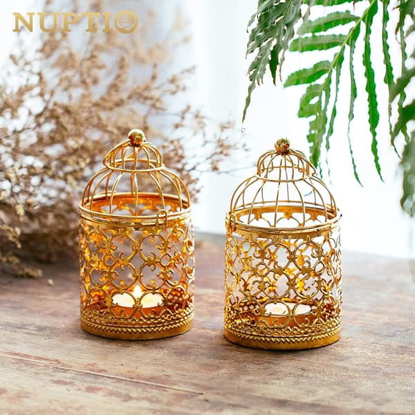 Lantern Ramadan Dekor Te Lys - 2 Stykker Gull Hengende Te Lys Lysestake Lanterner Metall