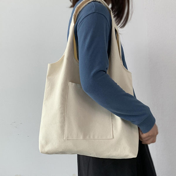 Canvas Taske Heavy Duty Pladsbesparende Ensfarvet Lomme Design Canvas Tote Taske Til Kvinder White