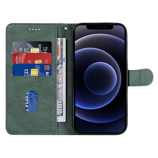 Plånboksfodral i PU-läder för iPhone 11 med stativ, präglad linje, telefonfodral med rem -