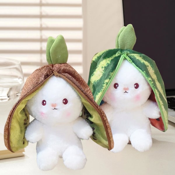 18cm Plushkanin med Blixtlås Vattenmelon Ananas Kiwi Frukt Djur Plushies Ornament Fluffig Fylld Djur Cartoon Kanin Dock Barn Leksak