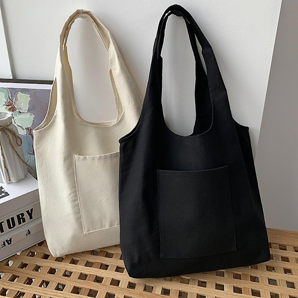 Canvas Taske Heavy Duty Pladsbesparende Ensfarvet Lomme Design Canvas Tote Taske Til Kvinder White