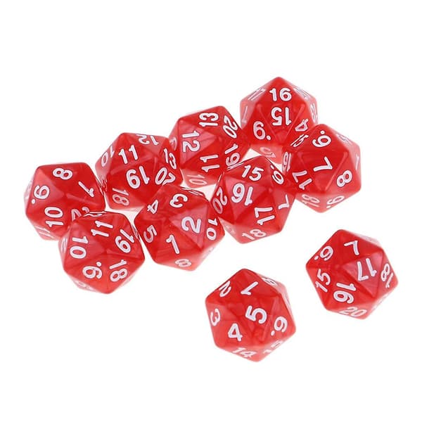 Sæt med 10 røde tyve-sidede terninger D20 til D&D og RPG selskabsspil