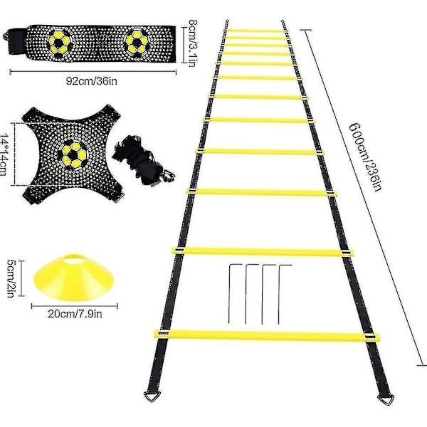 Fotballhastighets- og smidighetstreningssett, smidighetsstige, 12 sportskjegler og fotballsparketrener, fotballtreningsutstyr fotarbeidøvelser for barn A