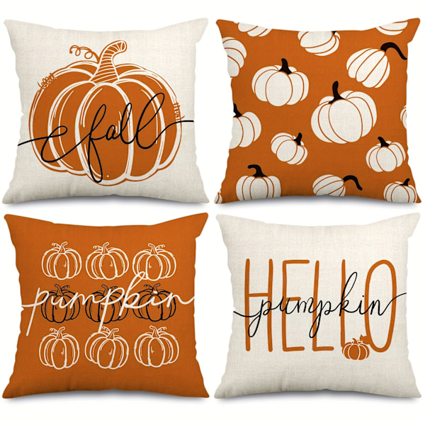 4 stk. Efterårs-tema Hello Pumpkin Pudebetræk - 18 x 18 tommer Efterårs Orange Hvid Dekorativ Pudebetræk til Thanksgiving Høst Landhus Hjem Co
