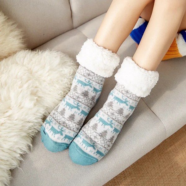 Winter Warm Socks Ladies Penguin Plush Soft Woman Non-Grip Floor Slippers Short Sock Fuzzy Fluffy Deer Elk Bear Christmas Gift deer Lake Blu