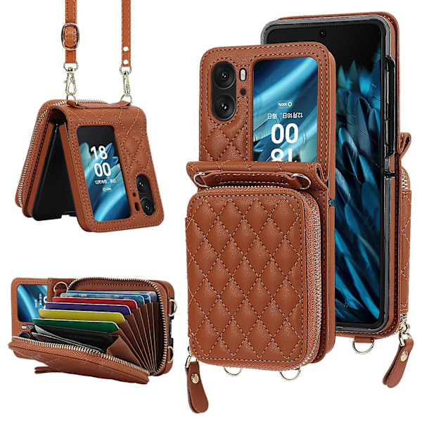 Kortholderveske med rombisk tekstur for OPPO Find N2 Flip Brown
