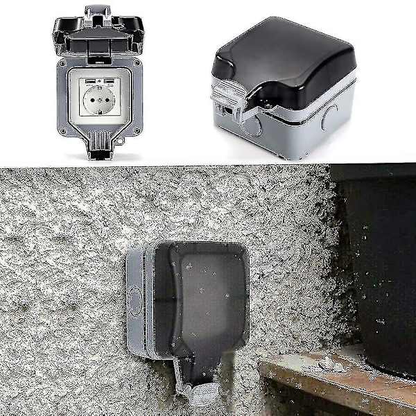 Utomhus Dubbel Vägguttag Med Usb, Vattentät, Robust, Eluttag Med Väggbox (enkel)