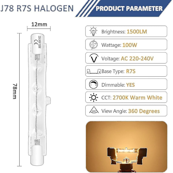 6 kpl Halogeeni Lamppu R7s 78mm 100w 230v, Himmennettävä Halogeeni Putki Lamppu, Lämmin Valkoinen 2700k, 1500lm, Lineaarinen Halogeeni Spottivalo, Maisemavalaistukseen, Wor