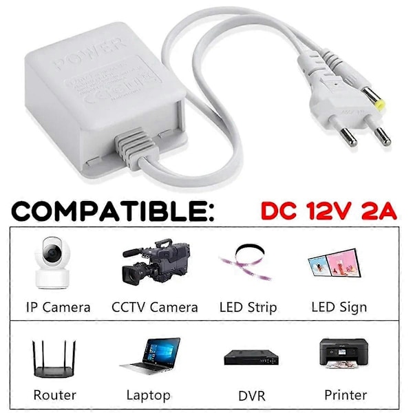 12V 2A Sikkerhedskamera Strømadapter, NVR DVR Input AC100V-240V CCTV Kamera Strømkabel til PTZ Came White
