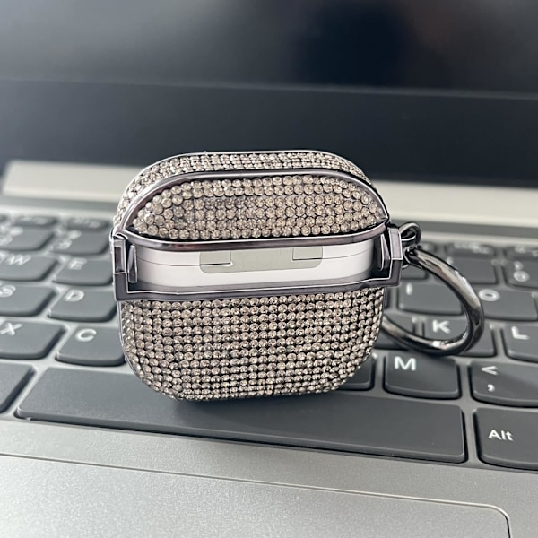 för AirPods4 Diamantfodral Strass Bling Glitter Kristall Glänsande Sött för AirPods4 Skal för Flickor Kvinnor Lyxigt Läder (Svart) (C)