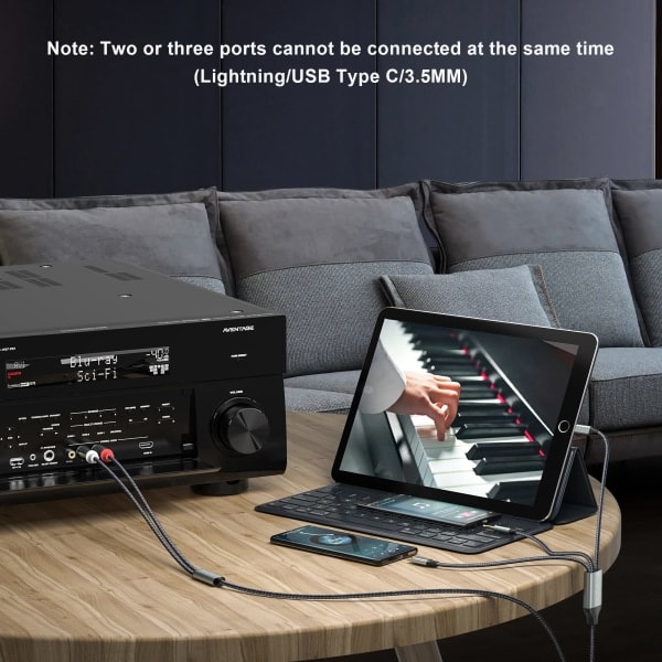 Lightning til RCA-kabel Audio Aux-adapter, RCA til 3,5 mm kabel, USB-C til 2 RCA lydkabel, 3-i-1 lydkabel for bil, hjemmekinosystem, høyttalere og mer