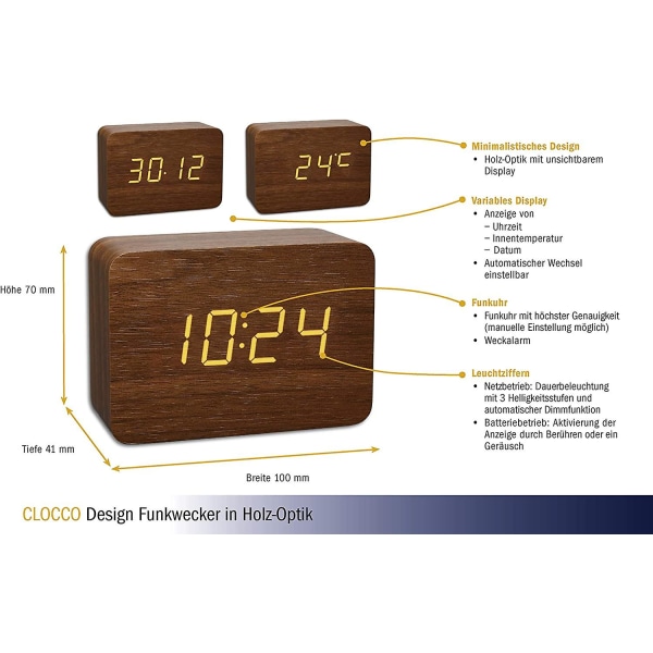 Tfa Dostmann Design Funkväckarklocka i trälook Clocco, 60.2549.08, Plast, Brun/orange[C]