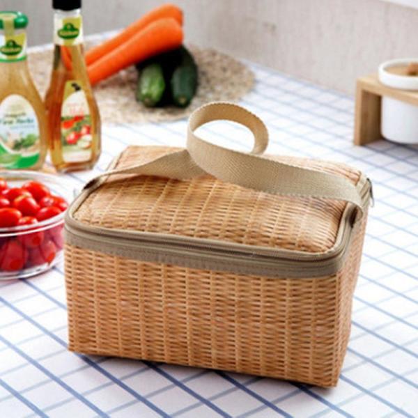 Bärbar Isolerad Termisk Kylare Lunchväska Imitation Rattan Utomhus Picknicklåda Khaki