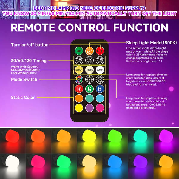 Rechargeable Wall Light - High Capacity LED, 360° Full Brightness, RGB+CCT 1800K, Button & Remote Control 5W