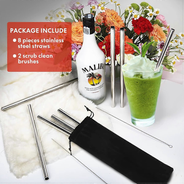 Rustfrie Stålsugerør, 8 stk, Lange Sugerør for 3 Liter Glass, Gjenbrukbare Metallsugerør, og 2 Ekstra Rengjøringsbørster - - (C)