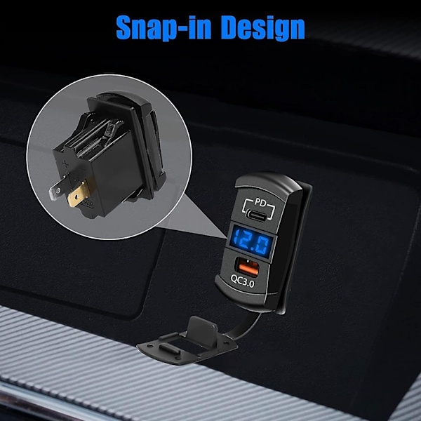 12V USB-uttak, vippebryter USB-lader USB-C bil lader og hurtig 3.0 adapter PD ladepanel motorsykkel USB-lader vanntett blå LED digital V