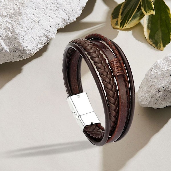 2x Vävda Flätade PU Läder Herrarmband Armring Brun Silver Metall (C)