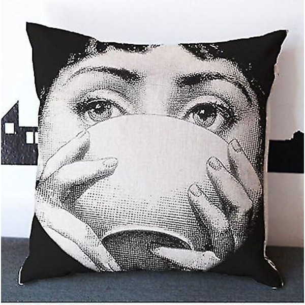 Bomulls-Putetrekk Kvadratisk Putetrekk Dekorative Putetrekk Putetrekk for Sofa Fornasetti ansikt Te kopp Te (45cmx45cm)