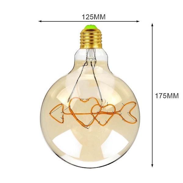 4W E27 2300K LED Glödlampa med Amberglas, En Pil Genom Två Hjärtan Filamentmönster Edisonlampa