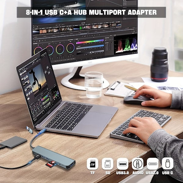 7-i-1 USB-C Hub - Utvid bærbarens funksjonalitet med 4 USB-porter, 1 USBC-port, TF/SD-kortleser, lydutgang og bred kompatibilitet for MacBook