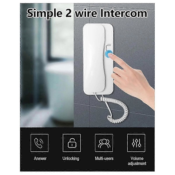 Dörrklockor 2-tråds ljudtelefon utan utomhusstation Elektronisk intercom lägenhetsbyggnad Dörrhandset White