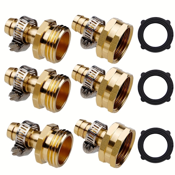 3-pak Premium Messing Havevandsslange Reparationsfittings med Heavy-Duty Rustfrit Stål Klemmer - Holdbar 1/2\" Hun-Gevind 1.18in/3cm og 3/4\" Han-Gevind