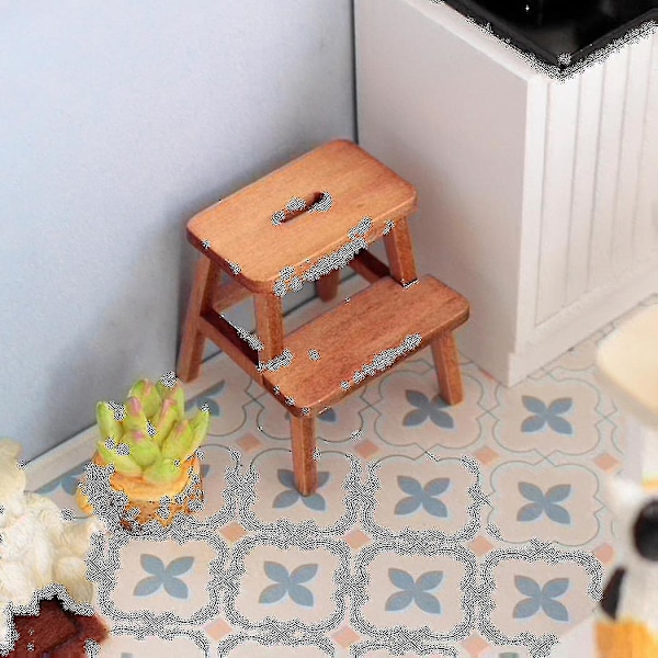 1/12 Miniature Trinbræt Træ Kattefodskammel Dobbeltlags Siddestol Holdestol Hvid[C]