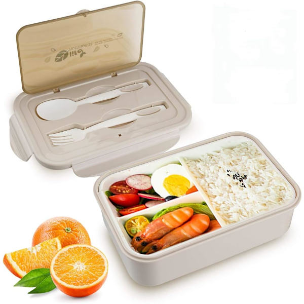 Madkasse, Bento Box med Gaffel og 3 Rum 1400ml Lækagesikker, Sikker og Miljøvenlig Forseglede Madkasse, Velegnet til Picnic, Skole,
