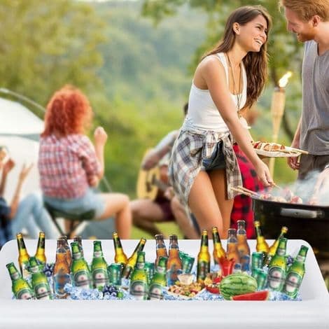 Oppustelig flydende kopholder. Poolbar. Velegnet til sommerpoolfester. Rektangulær isbar 130x62x12cm. Hvid[C]