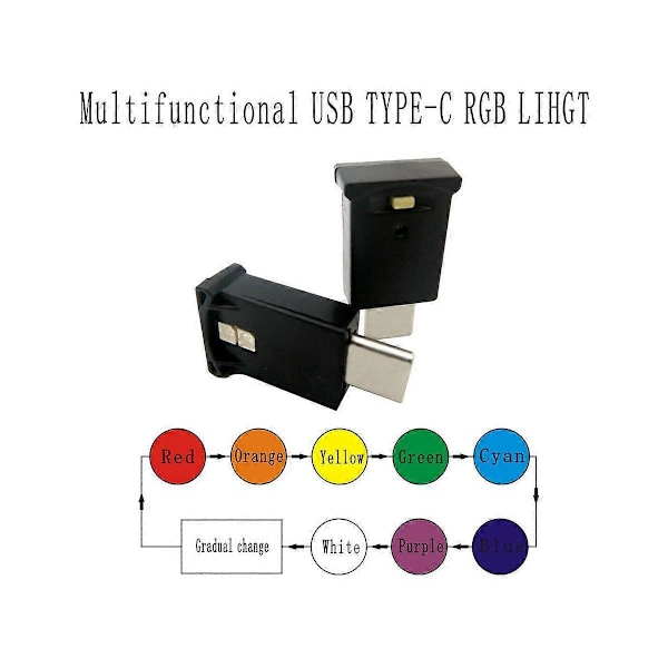 Mini USB-C LED RGB-lys med justerbar lysstyrke, 8 fargevalg for bil, bærbare datamaskiner, tastatur, atmosfære nattlampe Black