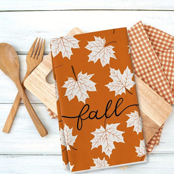 Vintage-inspirerte 2-delers sett med høst-håndklær, Hello Autumn & lønnebladtrykk, supermyk polyesterstrikket stoff, maskinvaskbar, rustikk gårdshus kjøkken