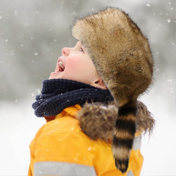 Vintermössa Faux Fur Tvättbjörnsvans Rysk Rund Platt Topp Öronskydd Förtjockad Höst Vinter Termisk Dam Mössa För Camping, One Size (C)