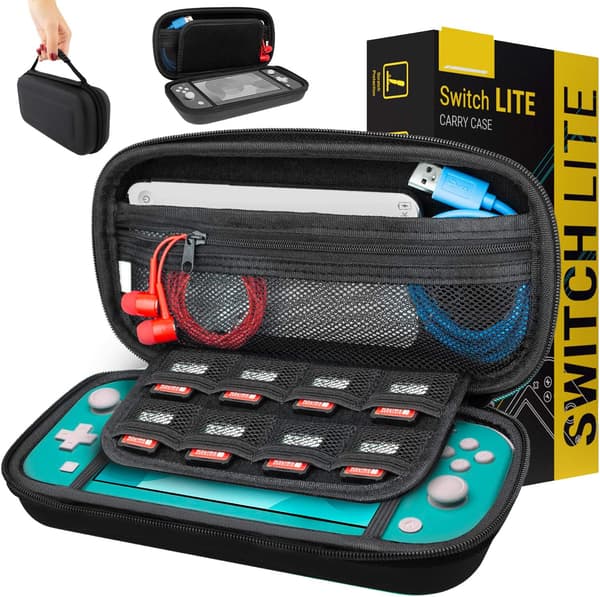 Nintendo Switch Lite -suojakotelo, jossa säilytystilaa peleille ja tarvikkeille black