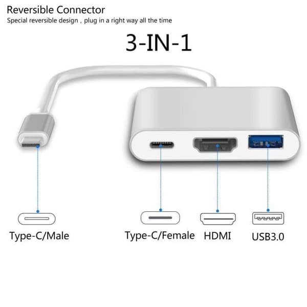 3-in-1 USB-C–HDMI 4K 30Hz + USB 3.0 -sovitin (USB-A) – Plug & Play -moniportti[YJD]